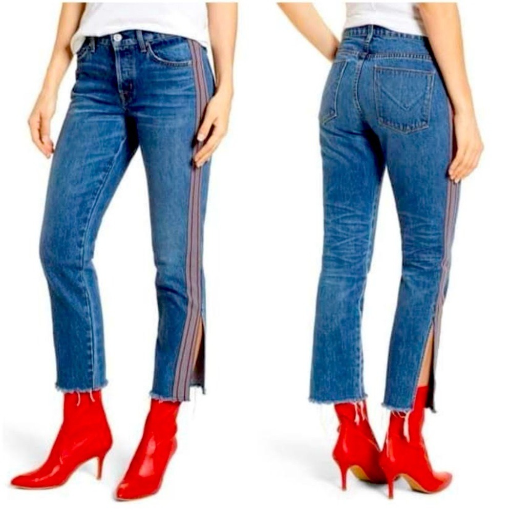 Hudson Holly High Rise Straight Leg Jeans Side Stripe Raw Hem Slit Blue Denim